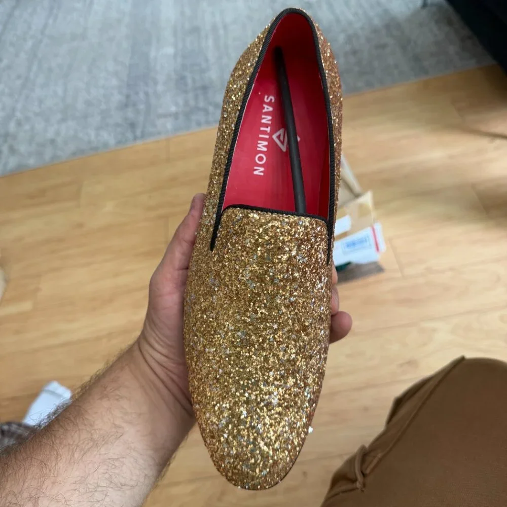 Santimon Men's US 9.5 - 12.5 Gold Sequins Glitter Smoking Loafers Dress Shoes  P
